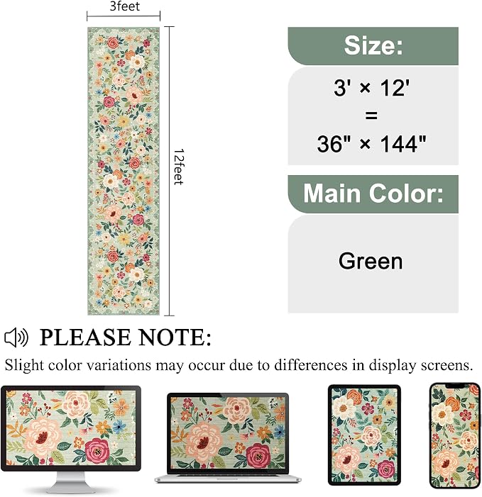DUKINO 3x12 Washable Runner Rug, Non Slip Soft Floral Hallway Runner Rug with Non Shedding Design, Low Pile Long Floor Carpet for Kitchen, Hallway, Bathroom, Entryway, Laundry, Green