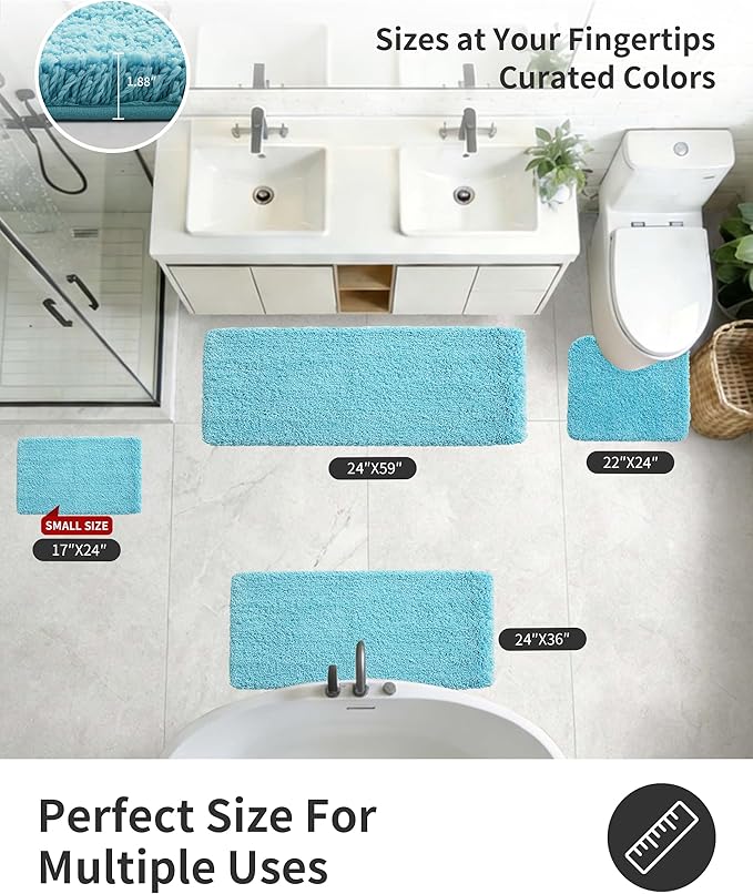 ILANGO Teal Bathroom Rugs 60" × 24" Non Slip & Super Absorbent Thick Soft, Washable Bath Carpet Runner for Floor, Microfiber Plush Shaggy Bath Mats with Rubber for Bedroom Bathtub Shower Room
