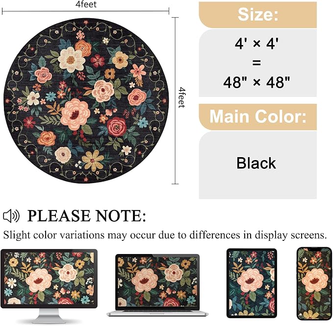 DUKINO Floral Round Rug, 4ft Washable Round Area Rug, Non Slip Indoor Low Pile Circle Rug, Soft Small Boho Design Circle Rug for Bedroom, Entryway, Living Room, Dining Room,Black