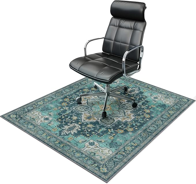 48"x60" Office Chair Mat for Hardwood Tile Floor, Under Desk Carpet Protector for Rolling Computer Chair Mat, Machine Washable Area Rug, Anti-Slip 1/5" Thick Low Pile Thin Vinyl Floor Mat, Turquoise