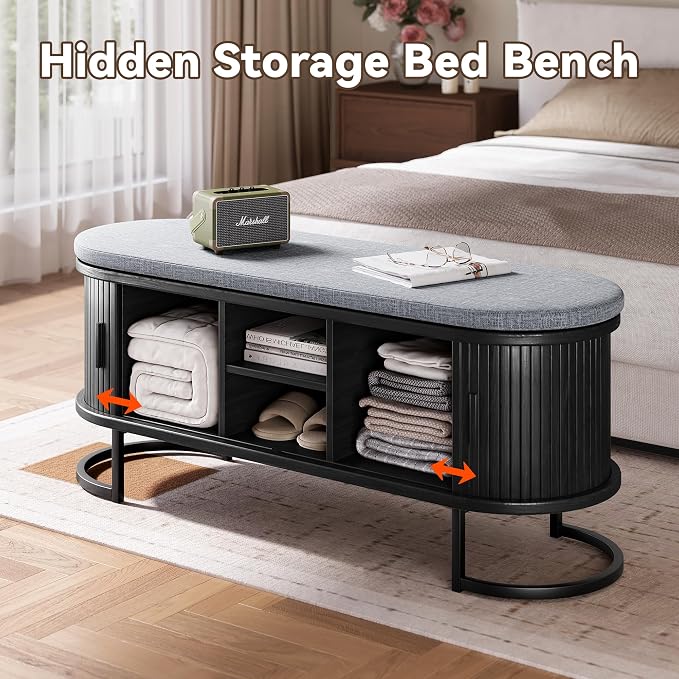 Decofy Storage Bench with Cushion and Sliding Doors, 47.2 Inch Large Entryway Shoe Bench with Sturdy Metal Feet, Multi-Functional for Entrance Hall, Bedroom, Living Room (Black Walnut)