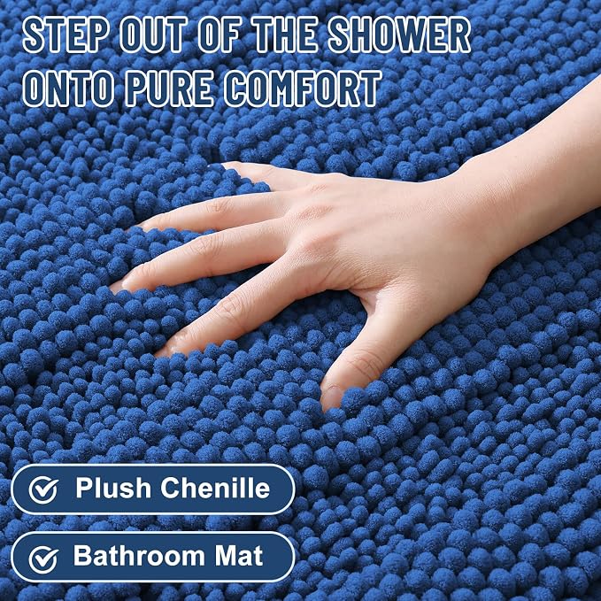 Grandaily Chenille Striped Bathroom Rugs 24x16, Extra Thick and Soft Absorbent Bath Mats, Rubber Backing, Plush Shaggy Shower Carpet, Machine Wash Dry, Bath Rug for Bathroom, Deep Navy Blue