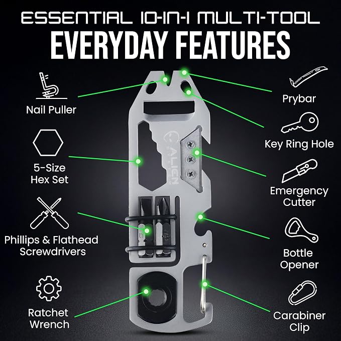 EDC Pry Bar Multitool – 10-in-1 EDC Pry Tool – Pocket Pry Bar, Bottle Opener, Ratchet Wrench, Screwdriver Set, Box Opener, Seatbelt Cutter, Hex Wrench (2.9oz) - Carabiner Multitool