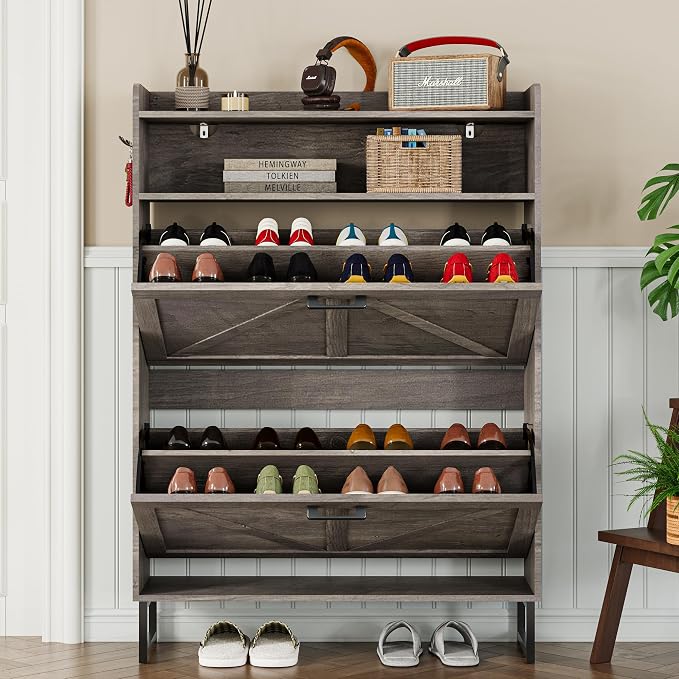 BORNOON Shoe Cabinet with 2 Flip Drawers Narrow Shoe Storage Organizer Wooden Freestanding Rack Hidden Slim Shoes Storage Cabinet for Entryway, Hallway, Living Room, Bedroom (Grey)