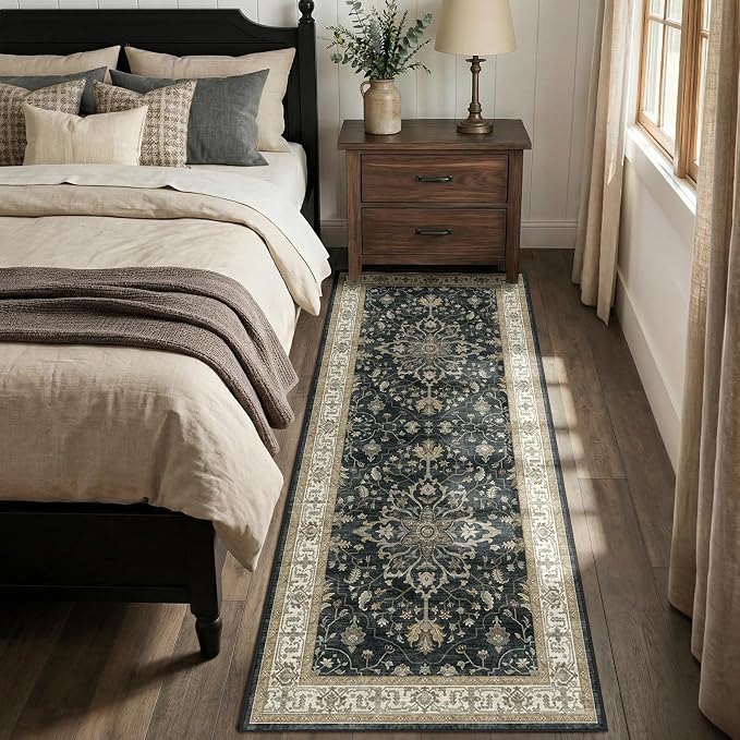 RELEANY Area Rugs Runner 2'x6' Washable Non-Slip, Floral Vintage Distress Medallion Carpet for Kitchen Hallway Bedroom Beside Laundry Room Bathroom, Vintage Black Brown Neutral