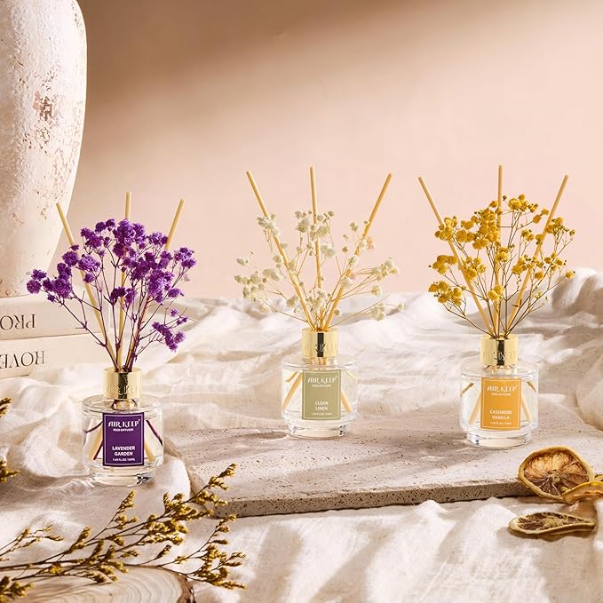 Airkeep Reed Diffuser Set of 3,Clean Linen Cashmere Vanilla Lavender Garden Oil Reed Diffusers for Bedroom Living Room Office Aromatherapy Oil Reed Diffuser for Gift 50ml x 3