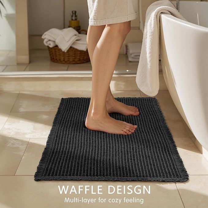SUBRTEX Waffle Braided Bath Mat, 24" x 55" Soft Waffle Bath Rugs, Absorbent Non Slip Bathrooom Mats, Machine Washable Area Rug for Bathroom, Quick Dry, Black