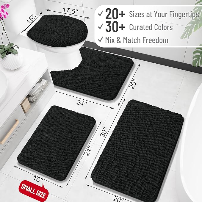 OLANLY Bathroom Rugs 32x20, Extra Soft Absorbent Chenille Bath Rugs, Rubber Backing Quick Dry, Machine Washable Bath Mats for Bathroom Floor, Tub and Shower, Home Decor Accessories, Black