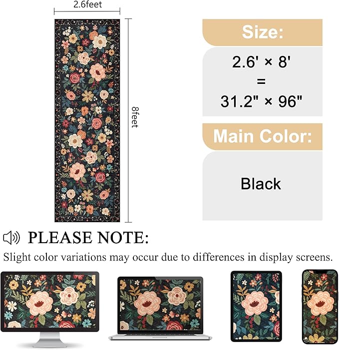 DUKINO Runner Rug, 2.6x8 Kitchen Rugs for Hallway with Non Slip Backing, Washable Low Pile Soft Boho Floral Runner Carpet for Hallway, Kitchen, Entryway, Laundry, Bedroom, Black