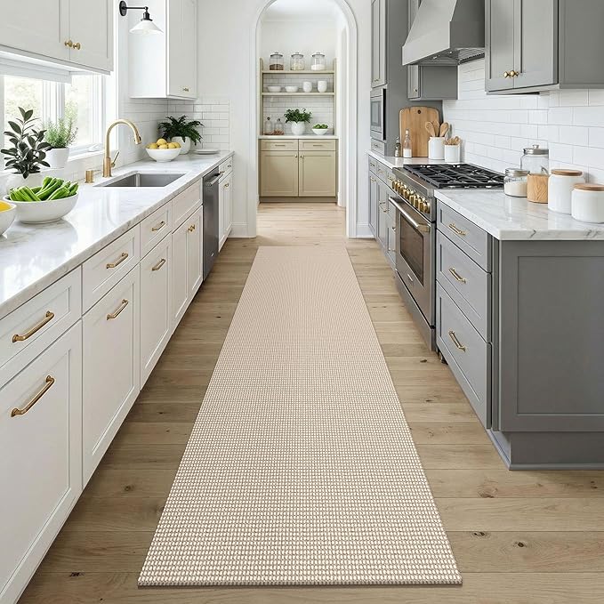 KOZYFLY Cotton Runners for Hallway 3x9, Wide Washable Runner Rug, Woven Non Slip Kitchen Runner, Braided Entryway Rug, Floor Carpet for Foyer, Bedroom, Hall, Ivory/Camel/Brown