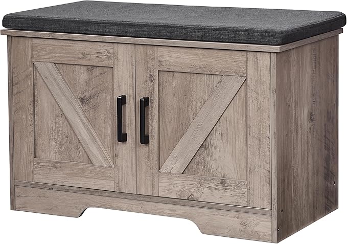 HOMSHO 2-Tier Storage Bench, 27.6" Wide Shoe Bench with Padded Seat Cushion, Entryway Bench with 2 Barn Doors and Adjustable Shelf, Greige