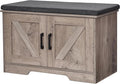 HOMSHO 2-Tier Storage Bench, 27.6" Wide Shoe Bench with Padded Seat Cushion, Entryway Bench with 2 Barn Doors and Adjustable Shelf, Greige