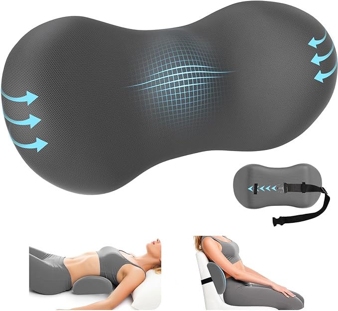 SweetSlubr Lumbar Support Pillow for Office Chair - Memory Foam Lumbar Pillow with Detachable Strap & Breathable Cover, Ergonomic Back Support for Office Chair, Car Seat Cushion, Bed Rest (Grey)