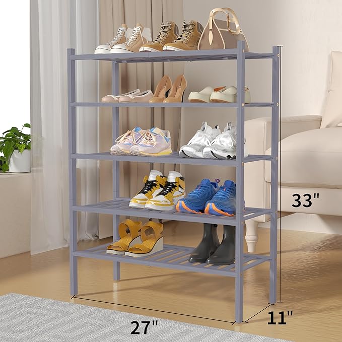 ROMGUAR CRAFT 5 Tier Bamboo Shoe Rack for Closet Free Standing Wood Shoe Shelf for Entryway Small Space Stackable 27"x11"x33" (Grey)