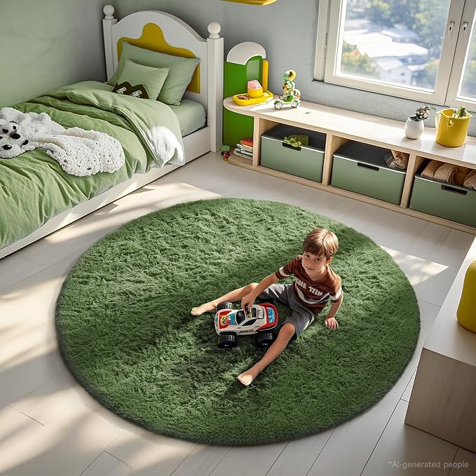 Ophanie Round Rug 6Ft Grey Green Circle Area Rug, Grayish Green Room Decor, Fluffy Fuzzy Bedroom Carpet, Plush Soft Shaggy Living Room Rugs for Kids Home Decor Aesthetic, Nursery