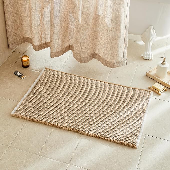 TYUU Waffle Bath Mat, Boho Bathroom Rugs Non Slip Washable Super Absorbent Quick Dry Bath Mat Farmhouse Bathroom Decor, 36"x24" Khaki and White
