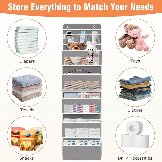 WISELIFE Over The Door Organizer - 6 Shelves Detachable Hanging Bedroom Storage Solution with 5 Large Pockets and 3 PVC Pockets for Dorm Bathroom, Pantry Nursery Baby Essentials (Grey)