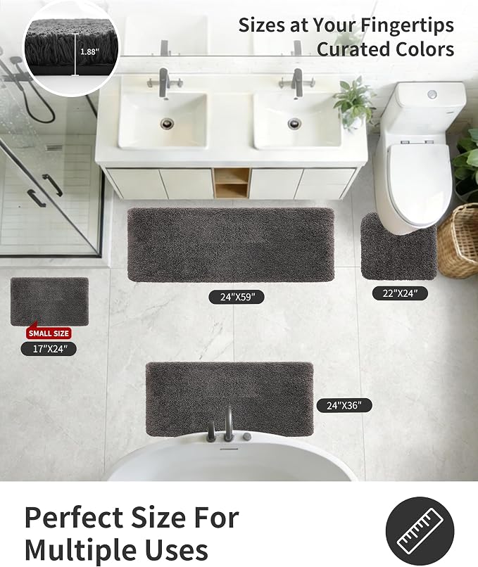 ILANGO Dark Gray Bathroom Rugs 36" × 24" Non Slip & Super Absorbent Extra Thick Soft, Washable Bath Mat for Floor, Microfiber Plush Shaggy Bath Rug with Rubber for Bathtub Shower Room Sink