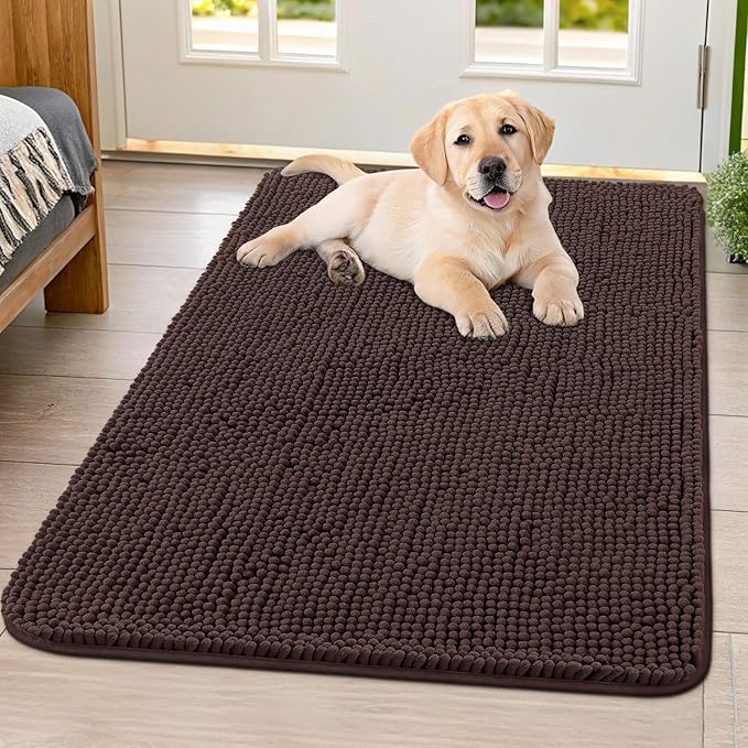 Smiry Dog Door Mat for Muddy Paws 40x32, Absorbent Dirt Trapper, Non-Slip Washable Chenille Entryway Rug for Inside Floor, Brown, Classic Solid