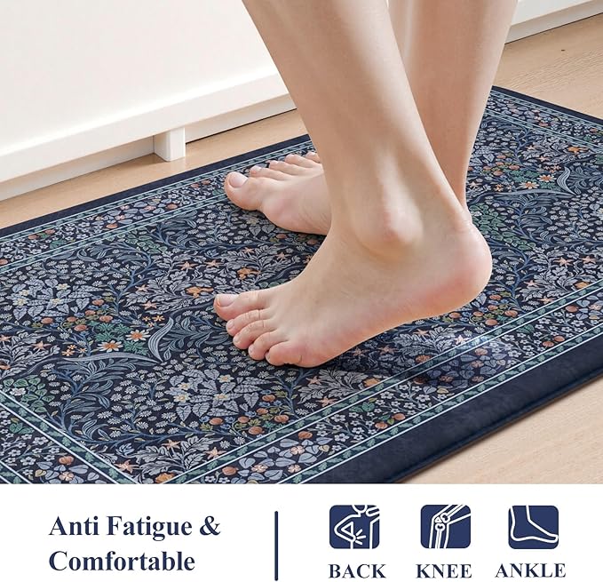 Collive Kitchen Mats for Floor 2PCS, Cushioned Anti Fatigue Rugs Non Slip Waterproof Kitchen Sink Mat, Dark Blue Floral Standing Mat for Bar, Office, Desk, Home Decor, 20" x 47" + 20" x 32"