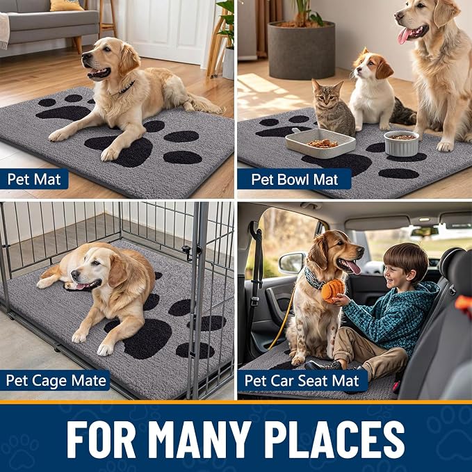 Smiry Dog Door Mat for Muddy Paws, Absorbs Moisture and Dirt, Low-Profile Entryway Mat with Non-Slip Backing, Entry Indoor Outdoor Doormat for Inside Floor (30x20 Inches, Grey, Paw)