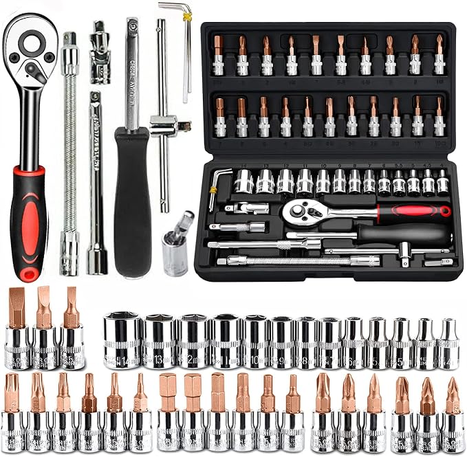 46 PCS Socket Wrench Set, Mechanic Tool Kit Quick-release Ratchet, 1/4" Drive Bit Metric Combination Tools for Auto Repairing & Household with Storage Case