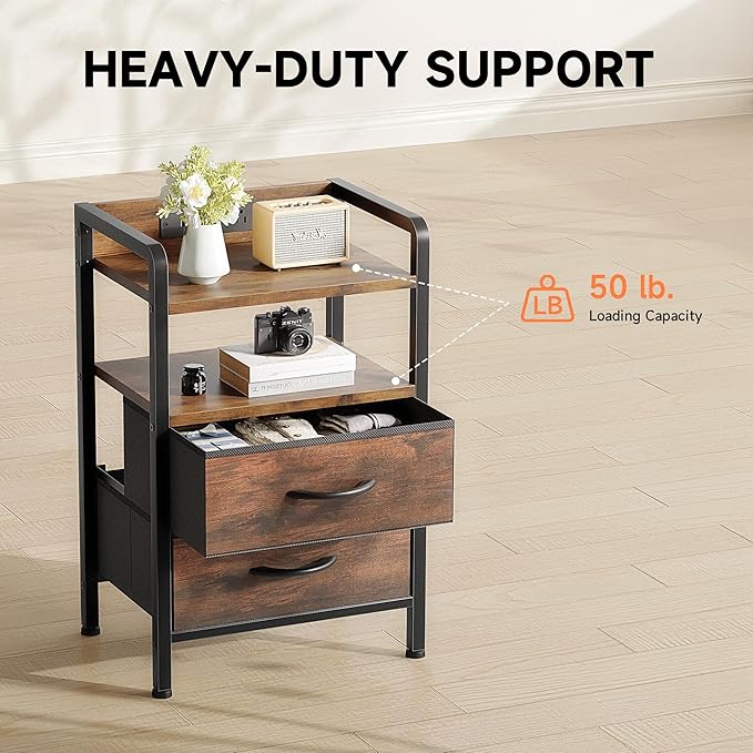Lazzanto Night Stand Bedside Table Bedroom - Nightstand with Charging Station, Night Stand with LED Light Strip, End Table with U-S-B Ports & AC Outlets, Storage Shelf & 2 Fabric Drawers, Rustic Brown