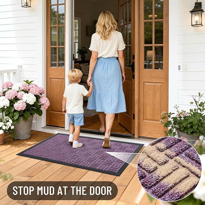 OLANLY Front Door Mat Outside Entrance 47x23, Absorbent, Heavy Duty Sturdy Natural Rubber Doormat Indoor Outdoor, Non-Slip, Stain and Fade Resistant, Low Profile Floor Mat for Entryway, Violet