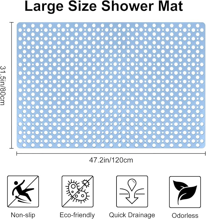 Anti Slip Shower Mat with Suction Cups,31.5x47.2 Inch Quick Drain TPE Non Slip Shower Mats for Inside Shower,Large Bath Mat for Shower Soft on Feet, Easy to Dry&Cut Machine Washable