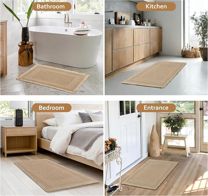 JIUZHEN Set of 2 Waffle Bath Mats Super Absorbent Bath Mat Non Slip Bathroom Rugs for Bathroom Floor Dry Fast Washable Boho Rugs for Beside Tub, 16" x 24" +20" x 32", Loop-Brown