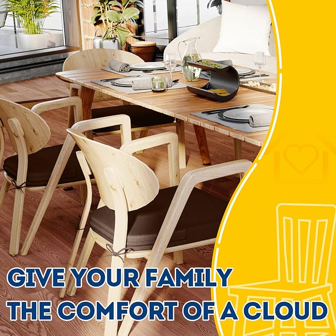 AAAAAcessories D-Shaped Chair Cushions, 2" Thick Dining Chair Pads with Ties and Removable, Machine-Washable Cover, 17" x 16", Set of 4, Brown