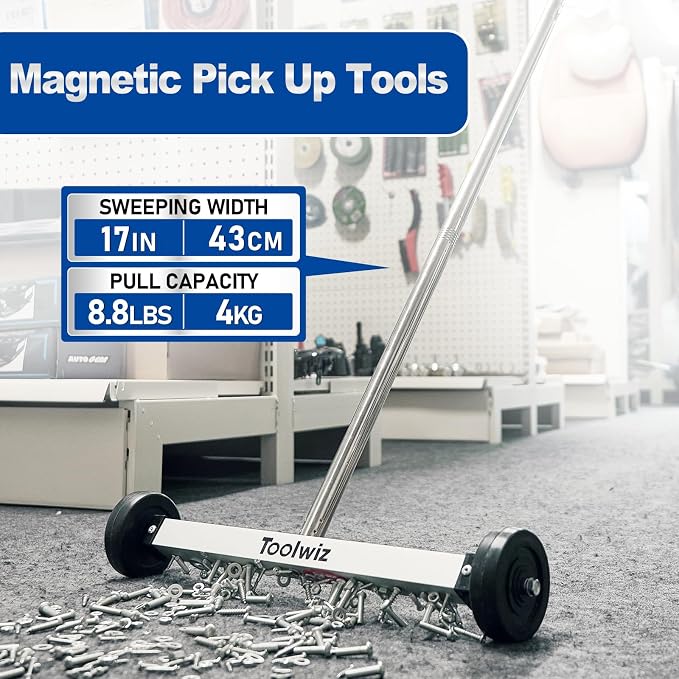 Toolwiz Magnetic Pick Up Sweeper 17-inch Heavy Duty Magnet Pickup Lawn Sweeper Roofing Tools, 8.8 Lbs Yard Tools with Smooth Wheels to Clean Nails for Construction