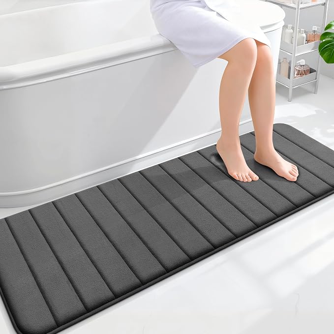 OLANLY Memory Foam Long Bathroom Rugs Runner 59x20, Super Soft Absorbent Bath Mat, Quick Dry, Machine Washable Shower Floor Rugs, Bathmat Carpet, Bathroom Home Decor Accessories, Black