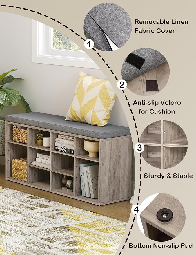 DINZI LVJ Shoe Storage Bench with Cushion, Cubby Rack with 12 Cubbies, Adjustable Shelves, Multifunctional Organizer Bench for Entryway, Mudroom, Hallway, Closet and Garage, Greige