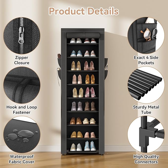 LANTEFUL Narrow Shoe Rack with Cover 10 Tier Tall Shoe Rack Organizer Large Capacity Shoe Shelf Storage 18-22 Pairs Space Saving Free Standing Shoe Storage Organizer for Closet, Entryway, Dorm, Black