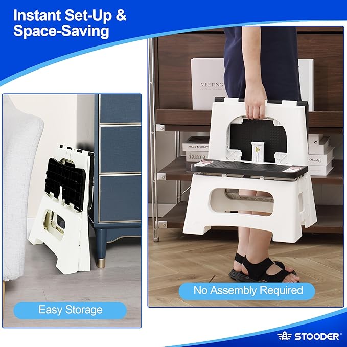 Folding Step Stool, 2-Step 8" 17", Non-Slip, 300lb Capacity | No Assembly, Stable A-Frame, Safety Lock, Anti-Slip Rubber Feet, Collapsible Stool for Kitchen Bathroom Bed RV Offic Garden