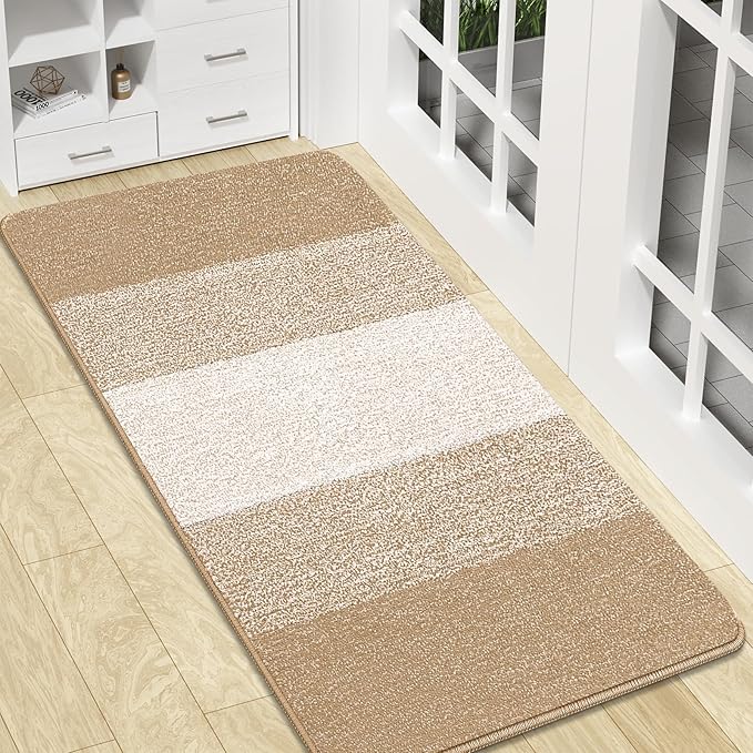 Kitinjoy Indoor Outdoor Door Mat, 47x20 Non-Slip Absorbent Dirt Trapper, Low-Profile Washable Inside Entrance Front Floor Mat, Sturdy Soft Entry Doormats for Entryway, Beige