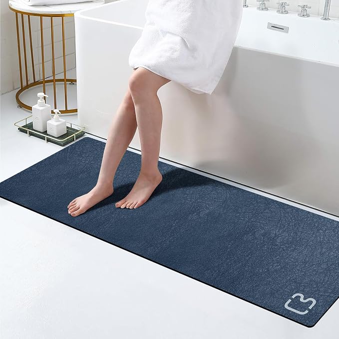 RUERYA Bath Mat Runner - Long Diatomite Stone Bath Mats for Bathroom Super Absorbent Large Diatomaceous Earth Bath Mat Non Slip Quick Drying Shower Mat Thin Bathroom Rugs Floor Mat, 15.7"x47.2", Navy