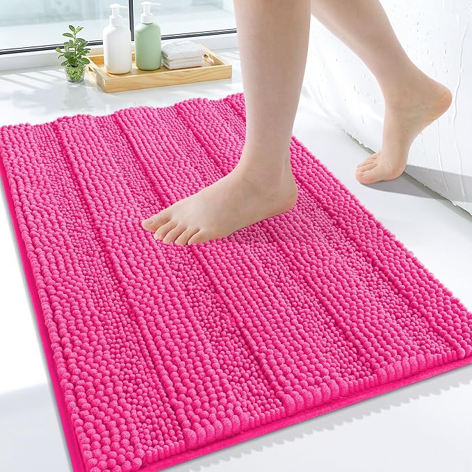 Grandaily Chenille Striped Bathroom Rugs 24x16, Extra Thick and Absorbent Bath Mats, Non-Slip Soft Plush Shaggy Shower Carpet, Machine Wash Dry, Bath Rug for Bathroom, (Small, Deep Pink)