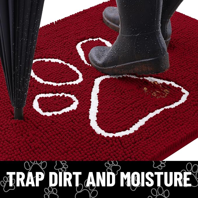 Smiry Dog Door Mat for Muddy Paws, Absorbent Dirt Trapper Non Slip Quick Dry Washable Chenille Mat for Mud Dogs, Entry Rug for Indoor and Outdoor (24x16 Inches, Red and White)