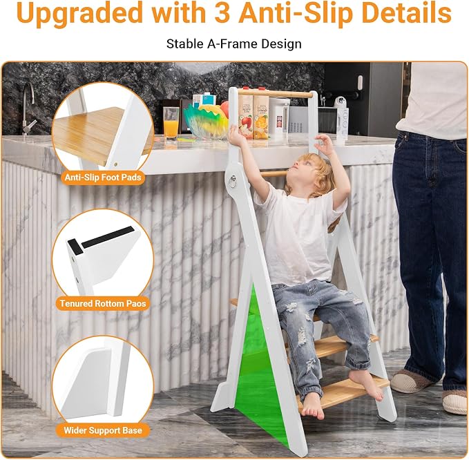COSYLAND Foldable Toddler Standing Tower - Adjustable Height Folding Step Stool Kids Toddler Kitchen Stool for Learning and Cooking - Ages 18 Months to 6 Years with Safety Net Natural & White