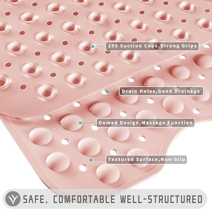 Yimobra Non Slip Bathtub Mat 40 x 16 Inch, Extra Long Shower Mat with Drain Holes, Machine Washable Baby Bath Mats, Strong Suction Cups for Bathroom Floor, Pink