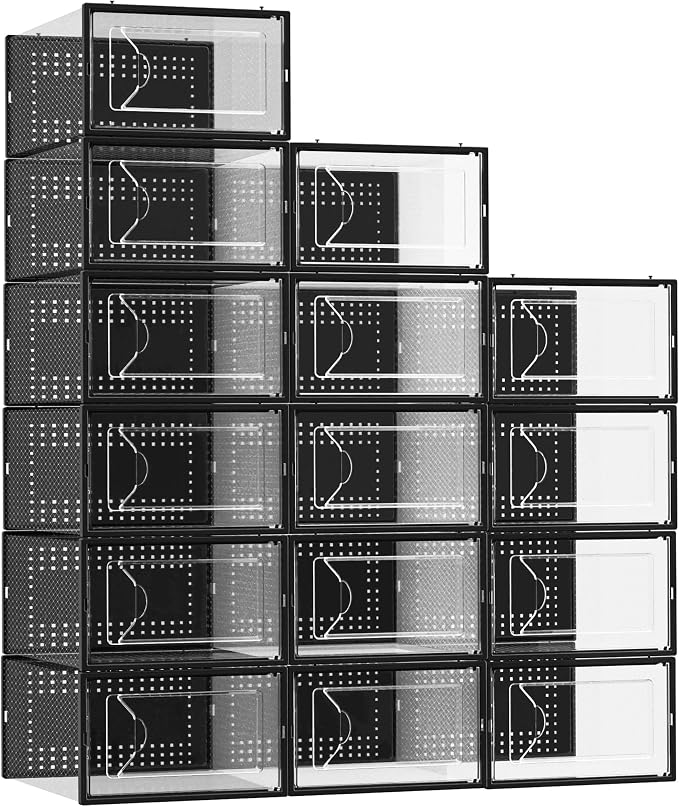 Foluck Shoe Storage Box, 15 Pack Clear Plastic Stackable Organizer for Closet, Interlocking Design Container Bins for Sneakers, Foldable Shoe Rack for Closet,Entryway, Black