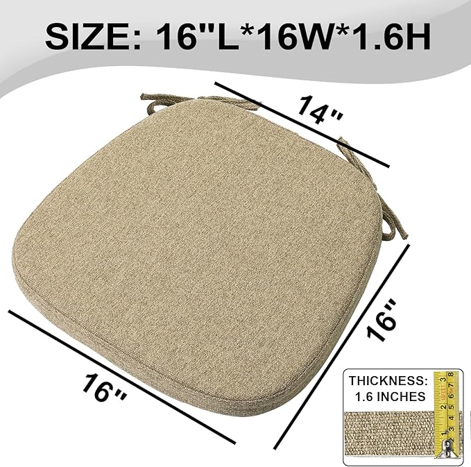 SINOSSO 6 Pack Memory Foam Chair Cushions for Dining Chairs, Friendly Woven Fabric 16" U-Shape Comfortable Kitchen Chair Pads, Removable Slip Resistant Seat Cushions (Set of 6, Linen)