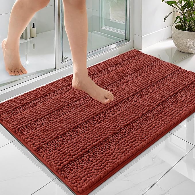 OLANLY Thick Bathroom Rugs 36x24, Extra Absorbent Chenille Striped Bath Rugs, Rubber Backing, Machine Wash Dry, Bath Mats for Bathroom Floor, Tub and Shower, Home Decor Accessories, Rustic Terracotta