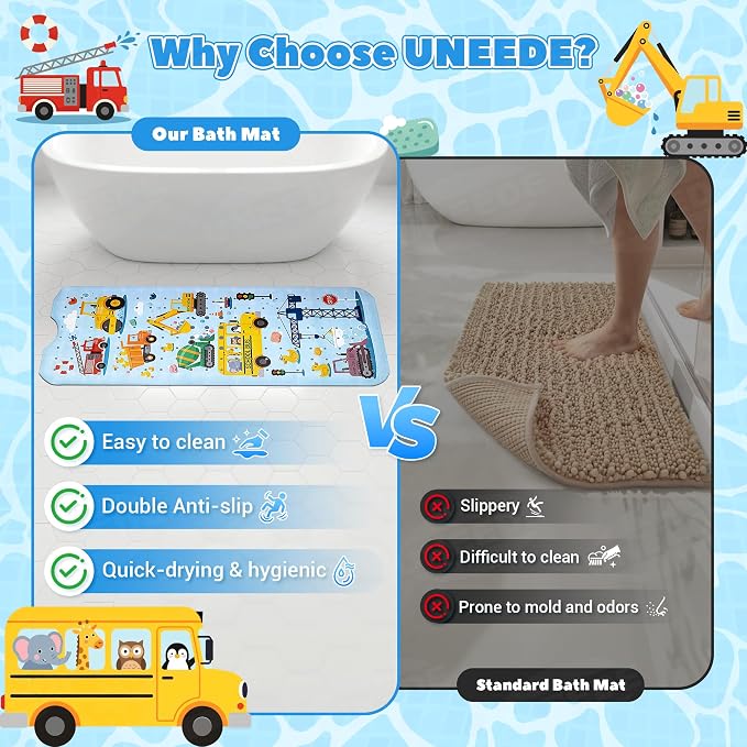 UNEEDE Baby Bathtub Mat Non Slip with 200 Suction Cups & 176 Drain Holes, 40''x16'' Quick Dry Bath Mat, Machine Washable Shower Mat for Toddlers & Kids, Vehicles Pattern
