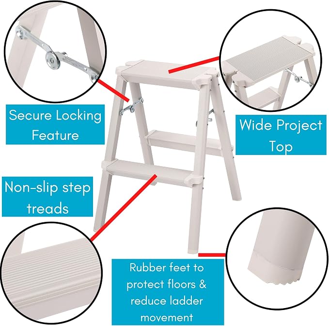 BIRDROCK HOME 2 Step Compact Steel Step Ladder - Sturdy Thin Folding Stool - Anti-Slip Steps - Great for Your Kitchen, Pantry, Closets, or Home Office - Indoor Stool - Silver