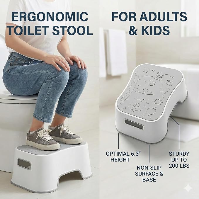 UNCLE WU Step Stool for Kids and Adults – Non-Slip Toilet Squatting Stool, 200 lbs Capacity, Potty Training Step Stool for Toddlers, Better Posture Bathroom & Sink Use(Gray White)