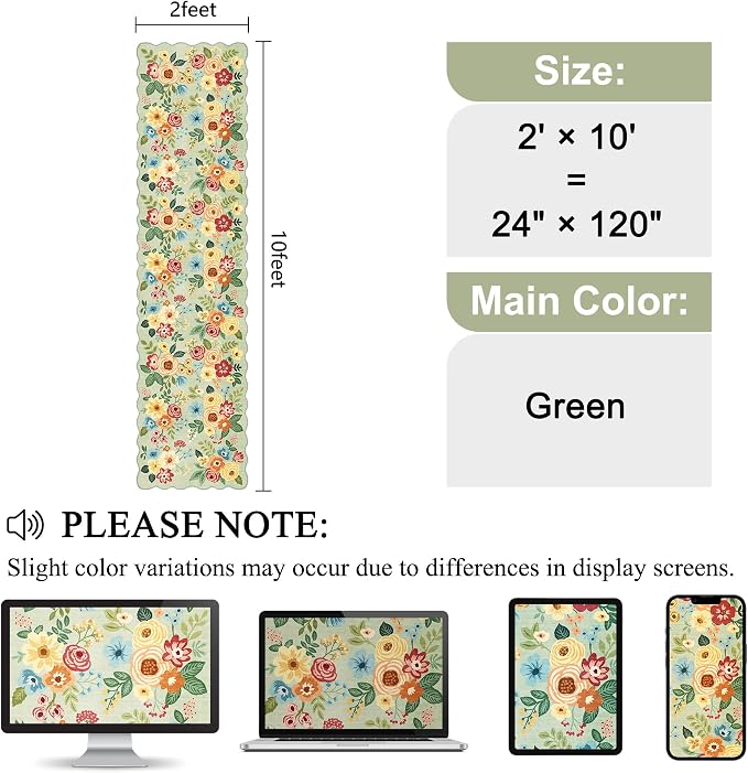 DUKINO 2x10 Runner Rug for Hallway, Washable Kitchen Rug with Non Slip Backing & Non-Shediing, Soft Low Pile Floral Design Runner for Bedroom, Kithchen, Living Room, Laundry, Bathroom, Green