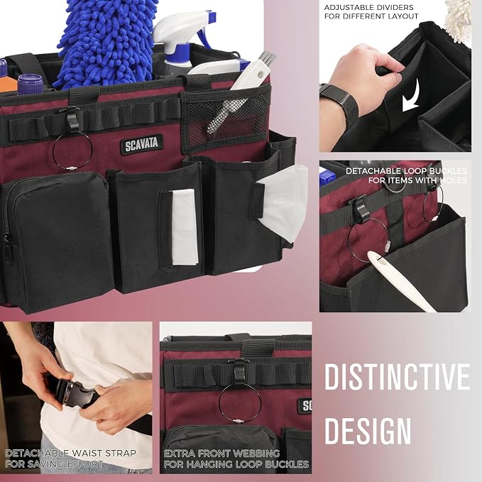 SCAVATA Wearable Cleaning Caddy Bag, Cleaning Caddy Supplies Organizer with Handle & Shoulder Straps for Housekeepers, Under Sink & Car Cleaning Tool Organizers with 4 Foldable Divider (Magenta)